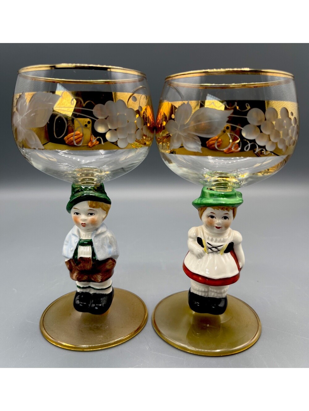 Vintage Goebel Hummel Boy Girl Figurine Stem Wine Goblets Gold West Germany